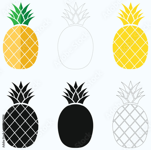 Pineapple  Fruit Vector Bundle Flat, Silhouette, and Outline Icon Sets for Design and Coloring