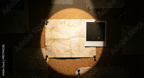 Tableau sur toile Spotlight Illuminating Blank Paper on Detective Corkboard