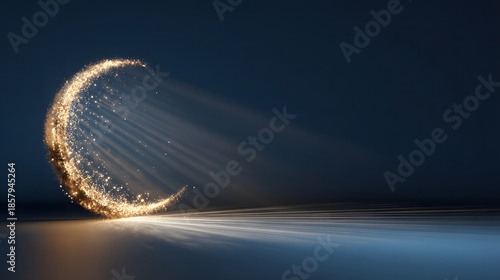 Abstract Ramadan night background featuring a glowing golden crescent moon on a deep blue backdrop. Modern Islamic design with ample copy space for creative use.