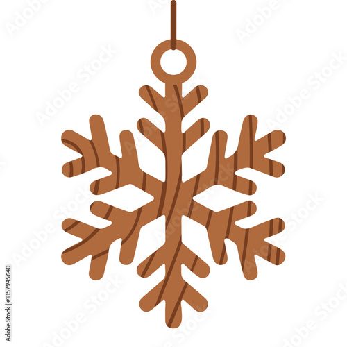 Wooden snowflake ornament with carved shape. Minimal winter illustration for festive decor, holiday packaging and Christmas design.