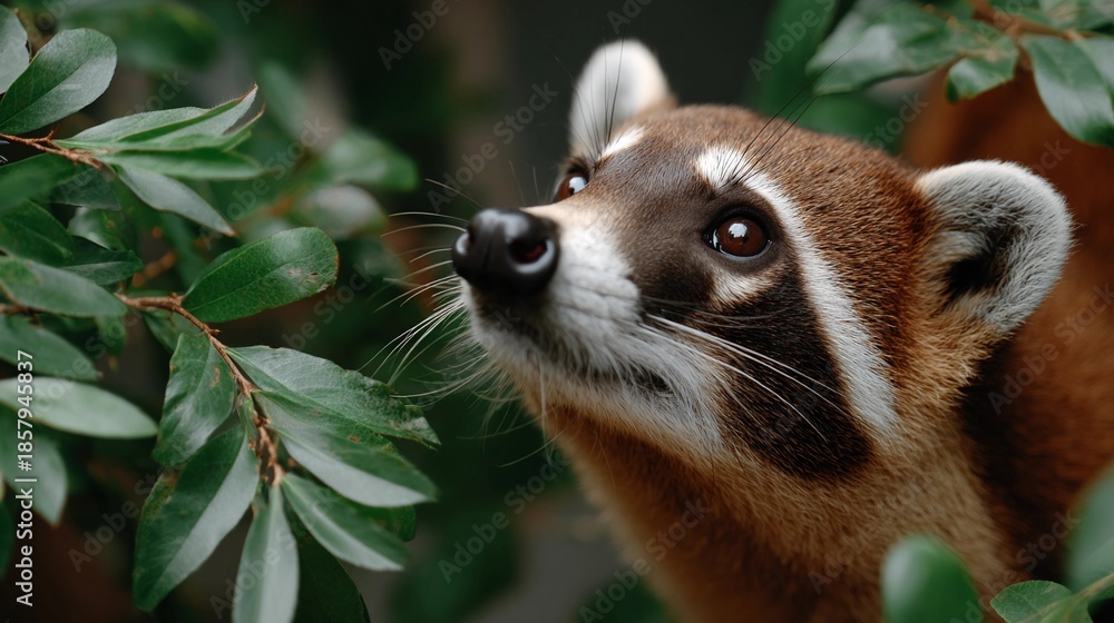Obraz premium A Coati-sniffing is peeking out from behind some green leaves