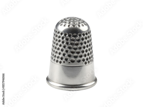 A close-up of a metal thimble sitting on a white surface