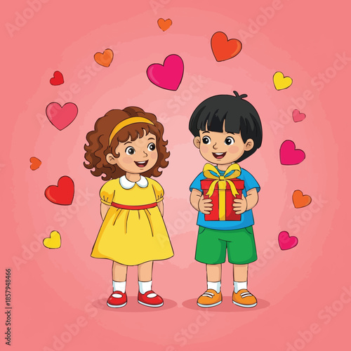 Children exchanging gift with hearts background for Valentines Day celebration with boy and girl in colorful clothes vector illustration 