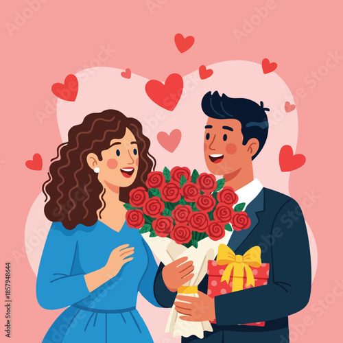 Couple celebrating romantic occasion with bouquet of red roses and gift box in love scene vector illustration 