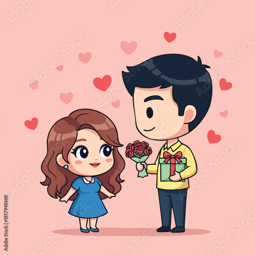 Romantic couple exchanging roses and gift on pink background with love hearts vector illustration 