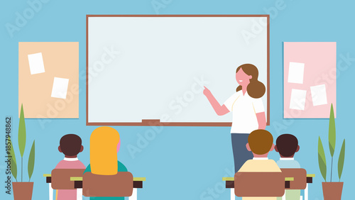 Teacher pointing at blackboard in a vibrant classroom