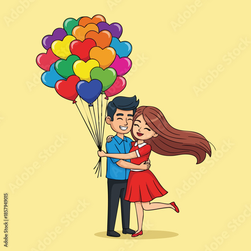 Young couple embracing with colorful heart balloons in romantic love illustration vector art 