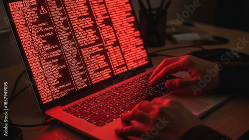 System failure warning concept, hands typing on laptop with red error code, symbolizing critical software crash, IT emergency, and digital troubleshooting