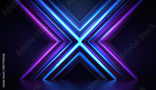 Glowing X-shaped blue & purple neon light, abstract background with reflections
