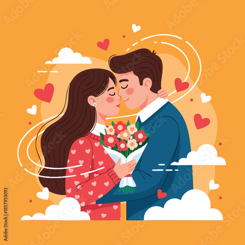 Romantic couple embracing with bouquet of flowers in love illustration with hearts and clouds on orange background 