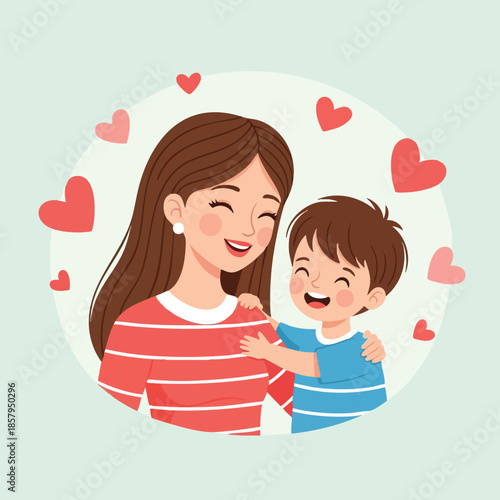 Loving mother and happy son embracing with hearts surrounding family love and affection vector illustration 