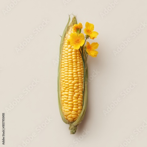 Corn cob with bright yellow flowers on a beige background, flat lay