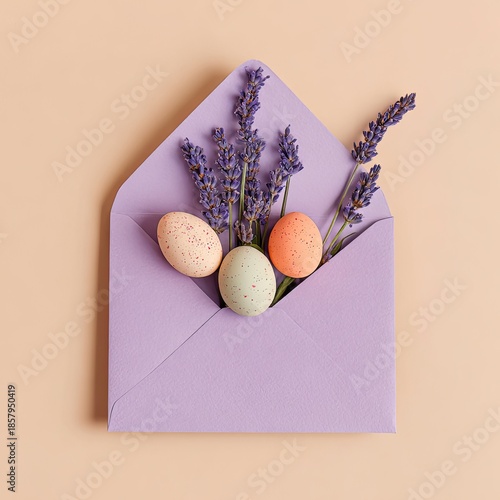 Easter eggs & lavender sprigs in a lilac envelope on a beige background