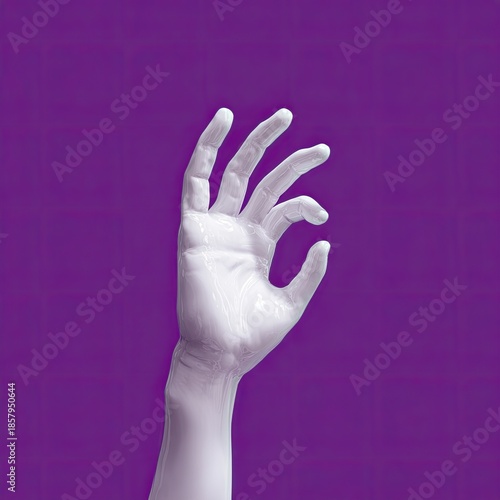 White human hand reaching upward against a solid purple background