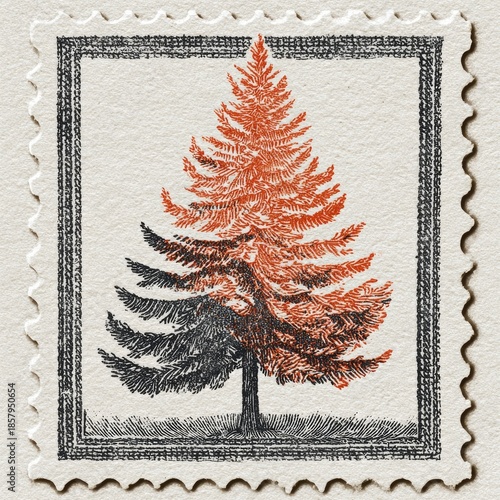 Stylized tree stamp, half orange, half gray, black framed on textured paper