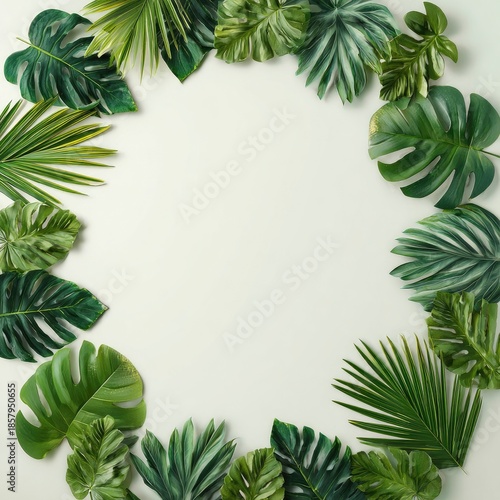 Tropical green leaves arranged in a circle against a white background