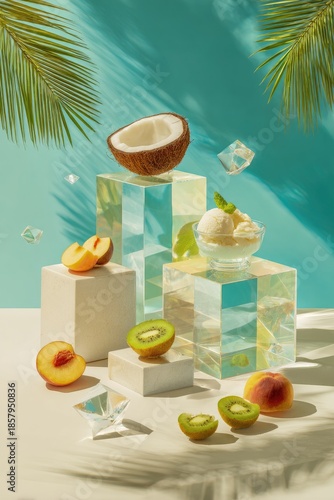 Summer still life fruits, ice cream, blocks, and palm leaves against blue backdrop