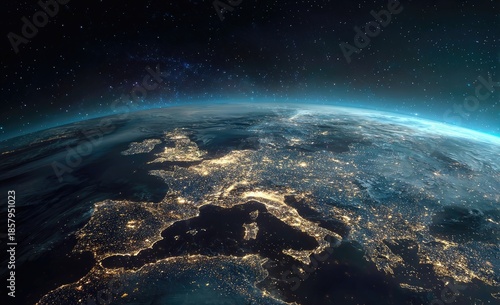 Earth from space; Europe glows with city lights under a starry expanse