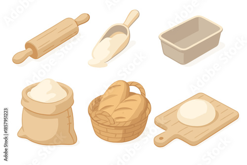 Farmhouse Bakery Essentials. Isometric vector illustration set Farmhouse Bakery Tools: rolling pin, flour scoop, bread mold, grain