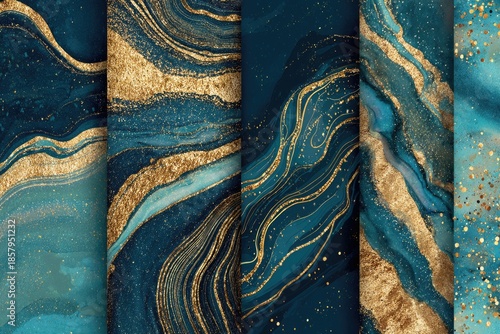 Teal-blue abstract art w/ golden veining, marble textures, and shimmer details