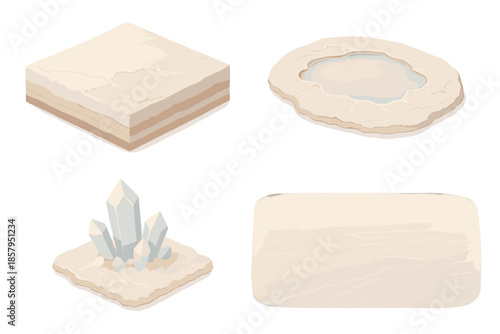Evaporated Salt Basin. Isometric vector illustration set Evaporated Basin Field: layered salt crust, dried puddle shine, small