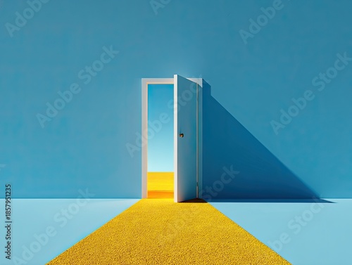 Open door leads to desert from blue room, bright light, minimalist, surreal