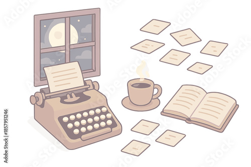 Lunar Writer's Desk. Isometric vector illustration set Lunar Writer’s Desk: old typewriter, moonlight through window, coffee cup,