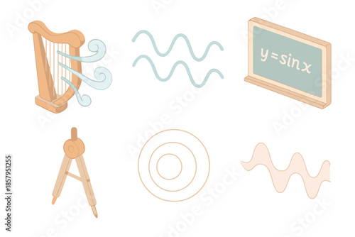 Harp and Harmonic Vibes. Isometric vector illustration set Wind and Equation Symphony: wooden harp under airflow, sine wave lines,