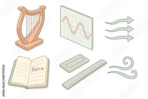 Wind Study Icons. Isometric vector illustration set Wind Resonance Study: aeolian harp, sine wave chart, air flow arrows, notebook