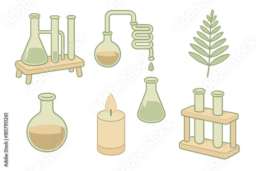 Earth Aroma Distillery. Isometric vector illustration set Earth Aroma Distillery: glass tubes, dripping condenser, soil-filled