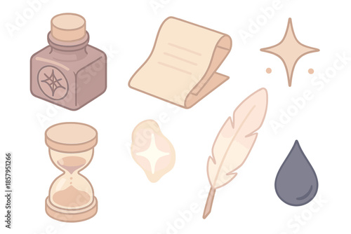 Oracle's Writing Essentials. Isometric vector illustration set Oracle’s Writing Table: ink bottle with sigil, folded parchment,