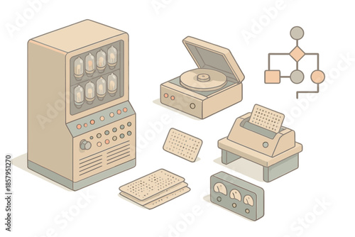 Vintage Tech Laboratory. Isometric vector illustration set Vintage Tech Laboratory: vacuum tube computer, punch cards, rotating