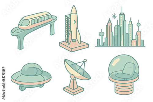 Futuristic Cityscape Icons. Isometric vector illustration set Space Age Metropolis: monorail track, rocket tower, saucer car, neon