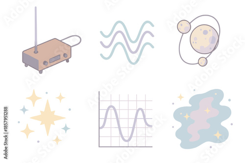 Cosmic Resonance Icons. Isometric vector illustration set Cosmic Resonance Field: vintage theremin, energy waves, orbiting moons,