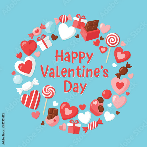 Valentine’s Day heart shaped candies chocolates and gift boxes circle vector illustration for romantic celebration love occasion 