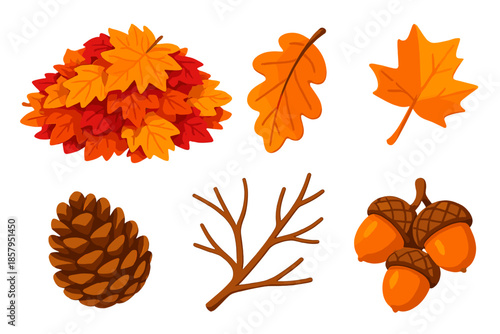 Autumn Leaf Icons. Isometric vector illustration set Autumn Leaf Pile: scattered autumn leaves, curled oak leaf, maple leaf