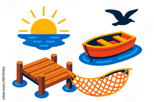 Vibrant Fishing Sunrise. Isometric vector illustration set Fishing Dock Sunrise: sunrise horizon, wooden dock planks, fishing net,