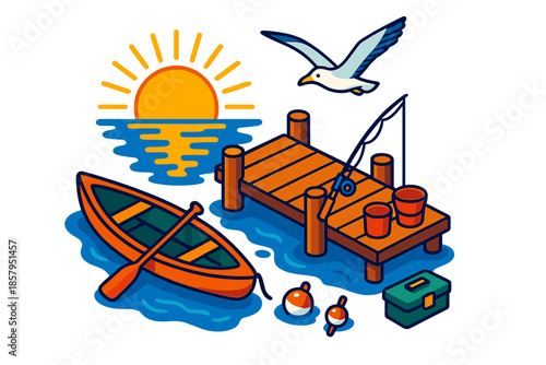 Fishing Dock Sunrise. Isometric vector illustration set Fishing Dock Sunrise: wooden pier, anchored canoe, rising sun reflection,