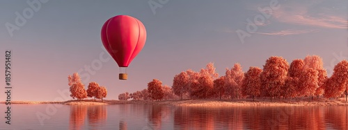 Hot air balloon floats over a reflective lake next to tree-covered land