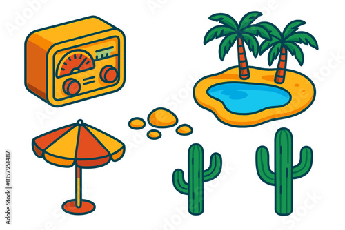 Desert Oasis Icons. Isometric vector illustration set Desert Oasis Radio: vintage radio dial, oasis pond, palm cluster, sun