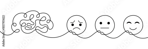 One line brain connected to emotional faces showing transition from sadness to happiness. Minimalist continuous line art concept of emotional regulation, mental health, psychology, emotional balance