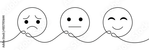 One line emotional faces showing transition from sadness to happiness. Minimalist continuous line art concept of emotional regulation, mood change, mental health balance and emotional wellbeing