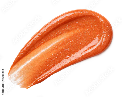 Sparkling Orange Lip Gloss Swatch Shimmering Gel Texture on White Background