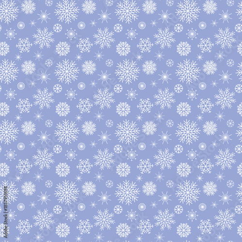 Seamless winter pattern with white snowflakes on light blue background, holiday ornament, christmas and new year decor, winter abstraction, textile print, wrapping paper, seamless pattern