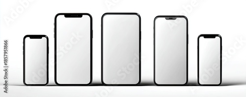 Mobile device mockups with blank white screens, black bezel, on white
