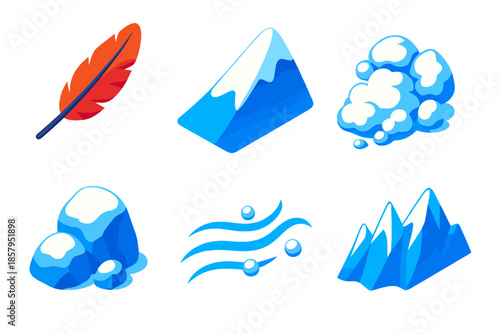 Avalanche Feather Icons. Isometric vector illustration set Avalanche Feather: falling feather, snowy slope, avalanche fragments,