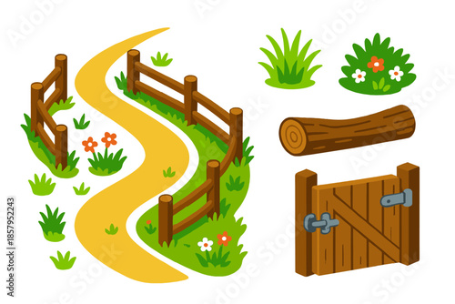 Country Road Fence Icons. Isometric vector illustration set Country Road Fence: meandering path, rustic wooden fence, wild grass