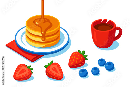 Pancake Breakfast Delight. Isometric vector illustration set Pancake Breakfast Maple: golden pancakes, drizzling maple syrup,