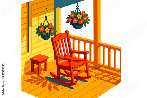Sunlit Porch Scene. Isometric vector illustration set Rocking Chair Porch: sunlit porch, rocking chair, hanging flower baskets,