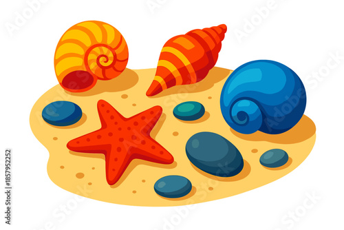 Vibrant Seashell Collection. Isometric vector illustration set Seashell Collection: collection of seashells, nautilus shell,